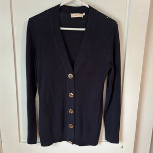 Tory Burch Navy V-Neck Cardigan with Gold Logo Buttons